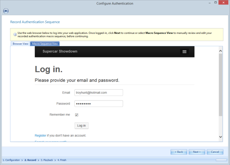 Login form rendered in Netsparker