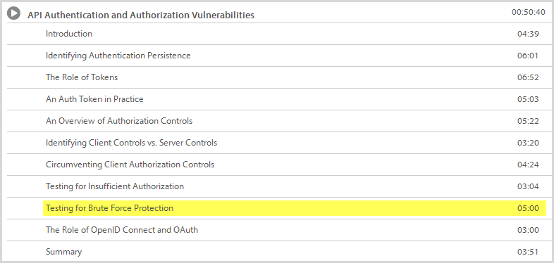 List of course content including segment on "Testing for Brute Force Protection"