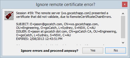 Certificate error for a cert issued by "jason@gocatch.com"