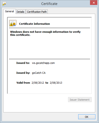 The goCatch certificate showing that it was issued by "goCatch CA"