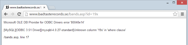 Appending an "x" to the query string which shows an internal SQL exception on the page