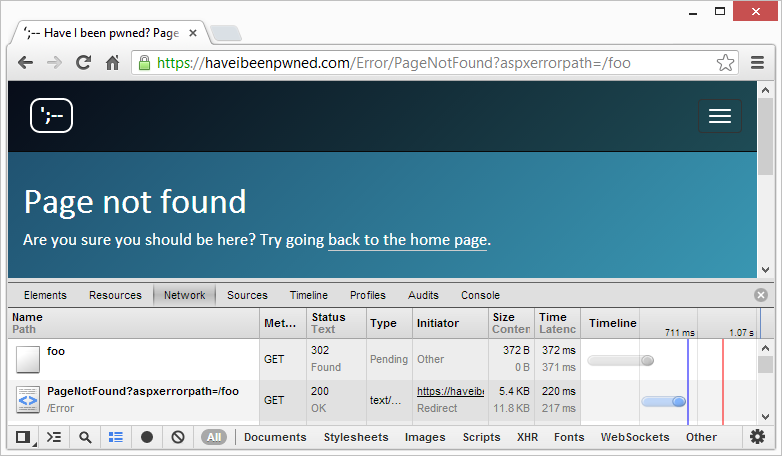 A genuine 404 showing a 302 redirect