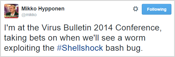 I'm at the Virus Bulletin 2014 Conference, taking bets on when we'll see a worm exploiting the #Shellshock bash bug.