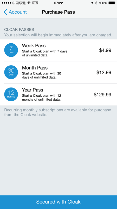 Cloak passes starting at $4.99 for a week with unlimited data