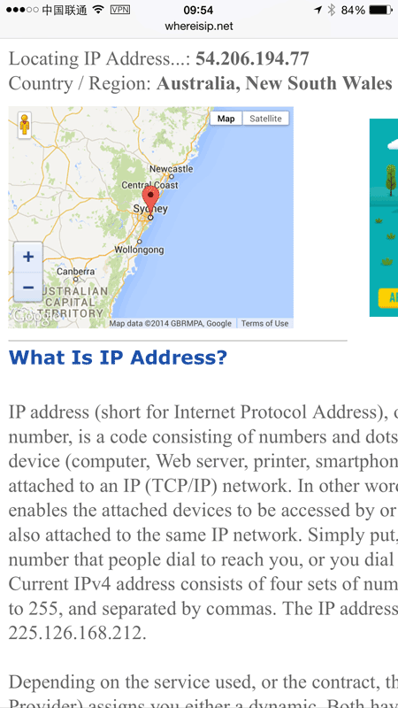 Sydney IP address shown in Cloak