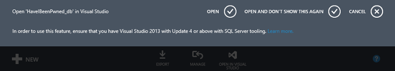 In order to use this feature, ensure that you have Visual Studio 2013 with Update 4 or above with SQL Server tooling