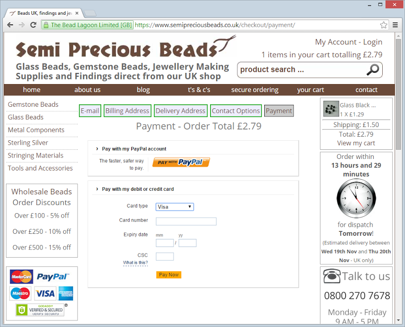 The Semi Precious Beads website loaded over HTTPS