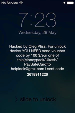 "Hacked" iPhone showing ransom message