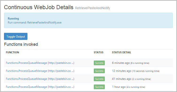 Functions invoked in the WebJob