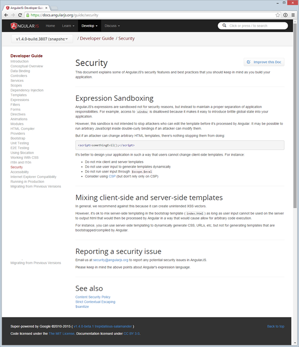 The Angular security documentation page
