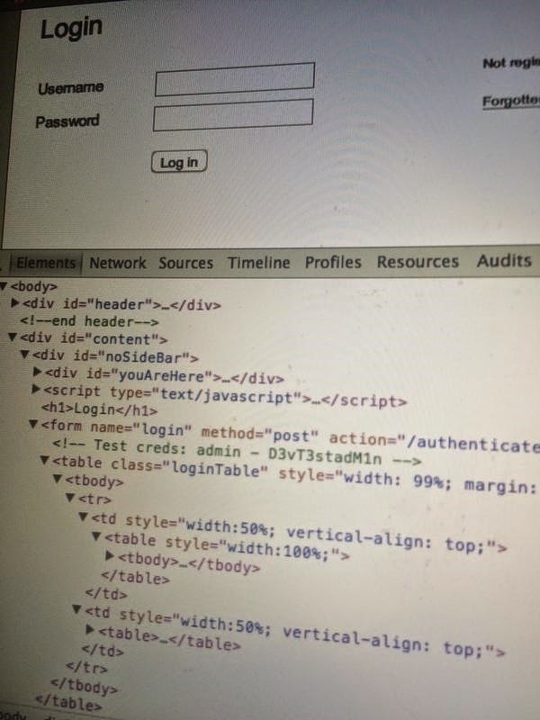HTML comments disclosing admin account password