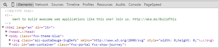 Microsoft recruitment ad in the HTML source of the Azure portal
