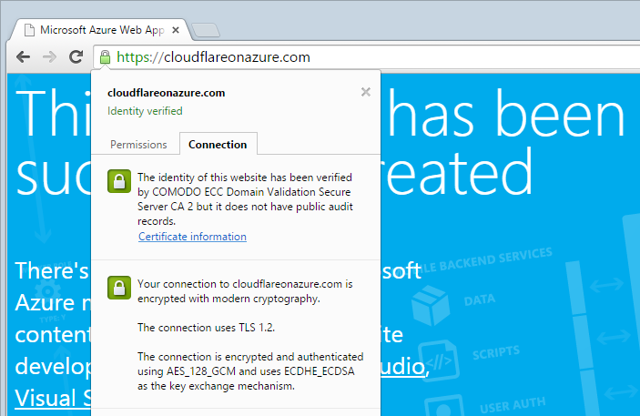 cloudflareonazure.com loaded over HTTPS and showing the CloudFlare certificate