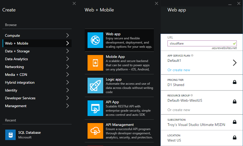 Creating a new Azure web app in the portal