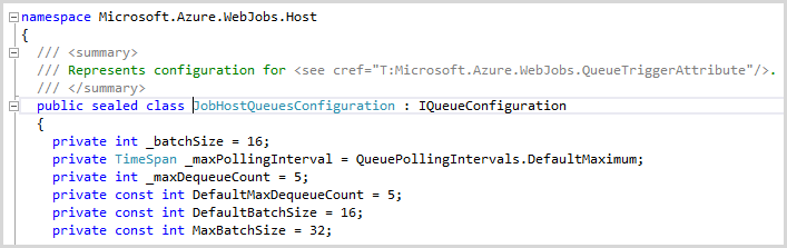 The JobHostQueuesConfiguration setting the max batch size to 32