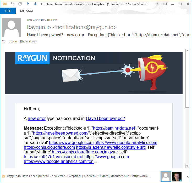 A new Raygun exception arriving via email