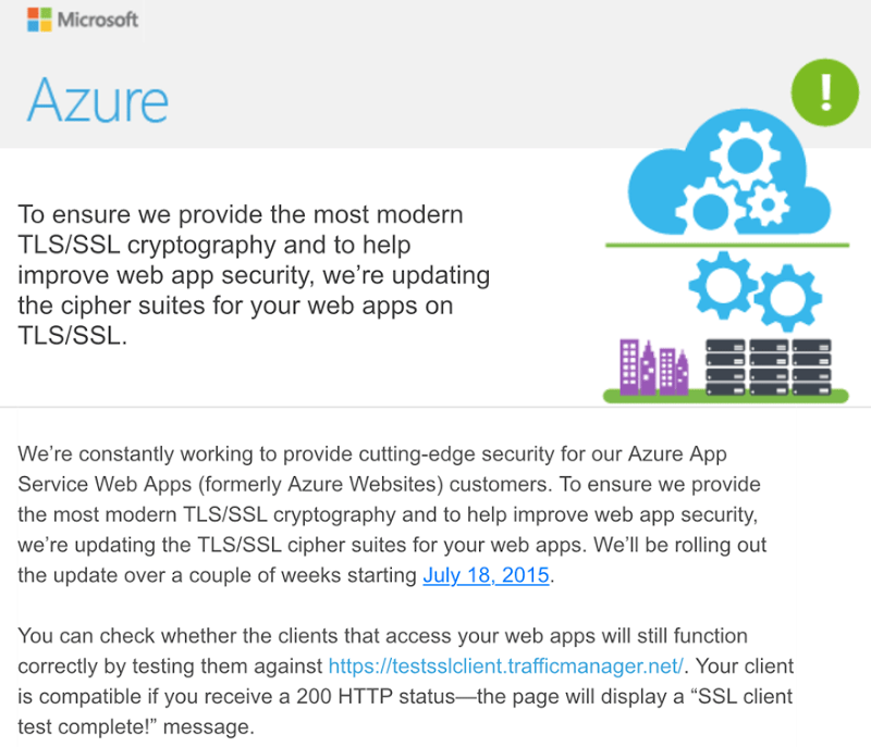 Azure email about strengthening TLS/SSL