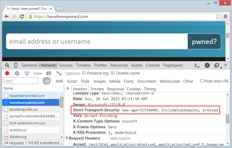 The "Strict-Transport-Security" header being returned by the secure request