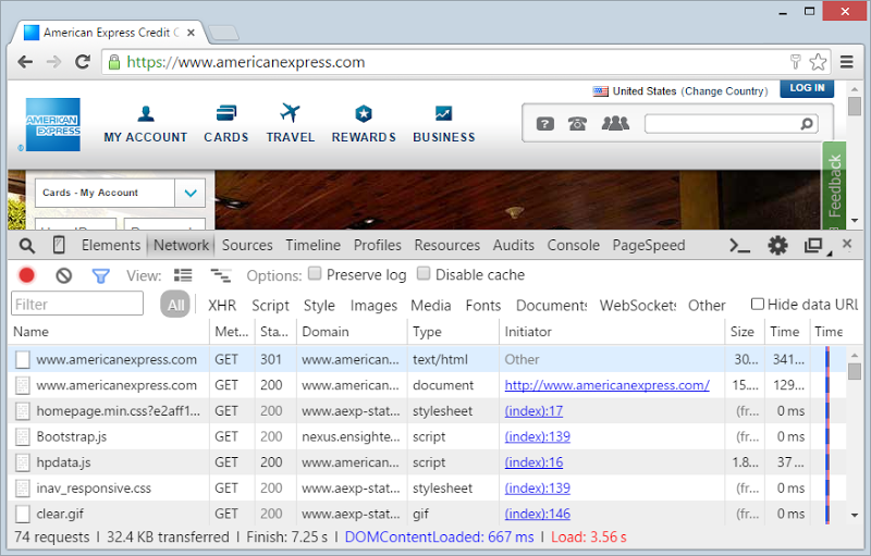 Network requests for americanexpress.com