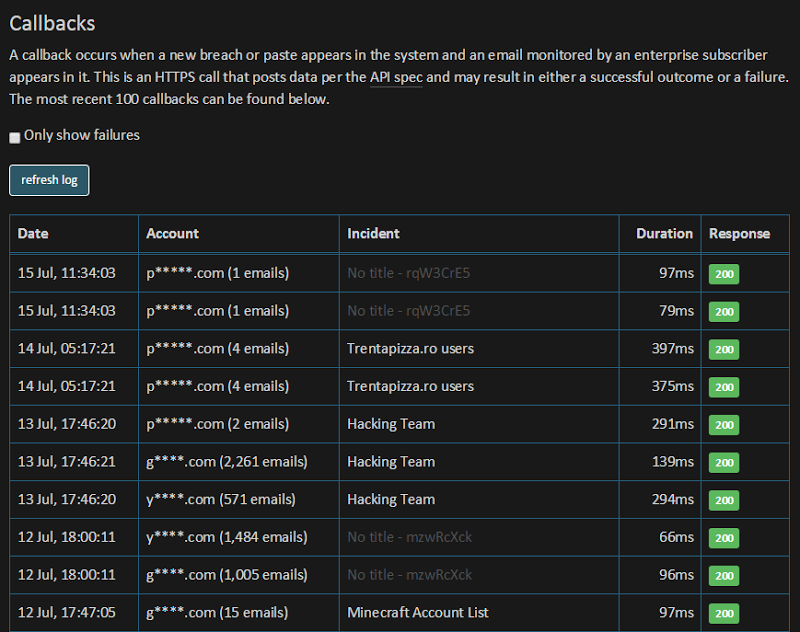 The HIBP portal showing callbacks