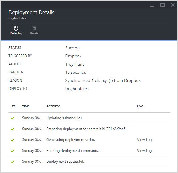 History of the deployment with access to logs