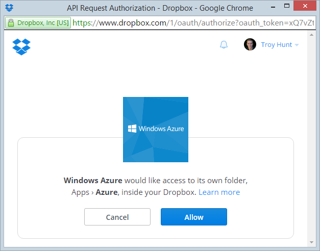 Dropbox prompting for access to Azure