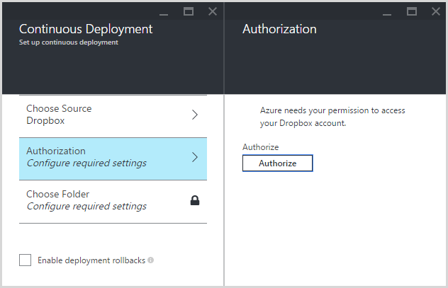 The autorisation settings for Dropbox