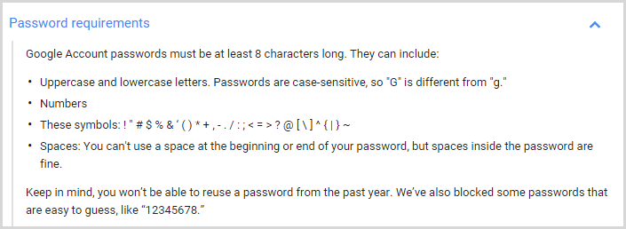 Google's password requirements - at least 8 characters