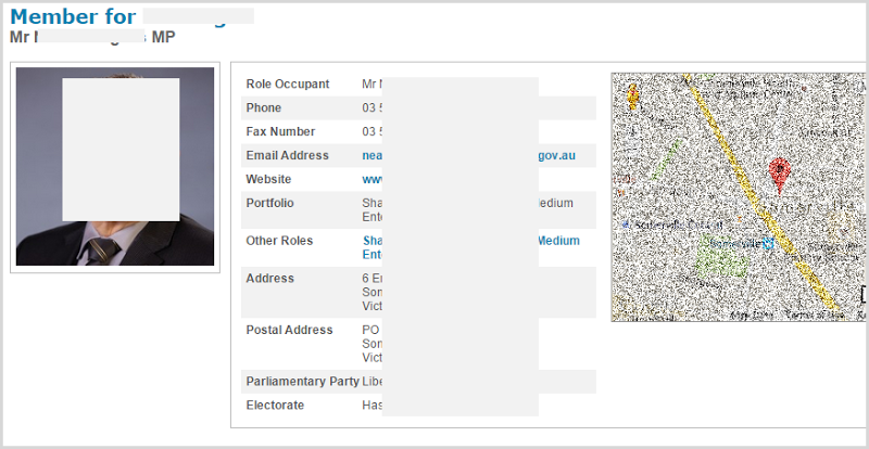 Australian politician's page with his contact info