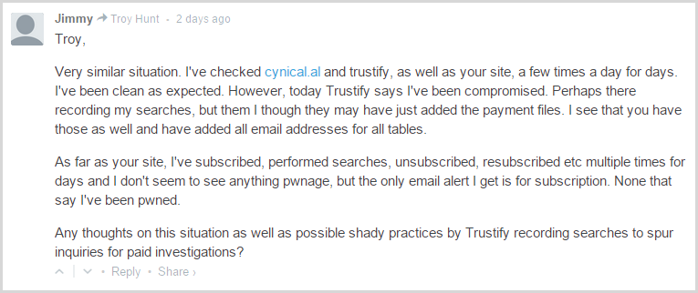 Any thoughts on this situation as well as possible shady practices by Trustify recording searches to spur inquiries for paid investigations?