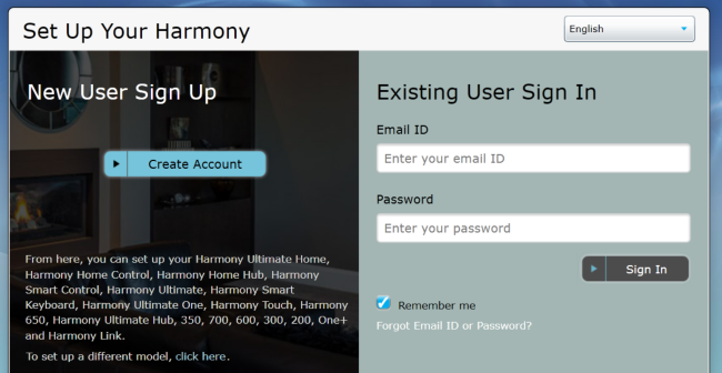 The Harmony app requires login first