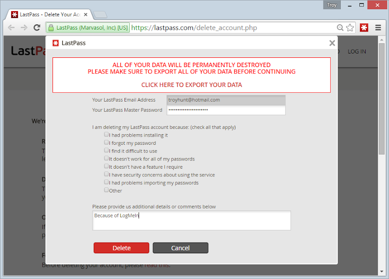 Delete the LastPass account