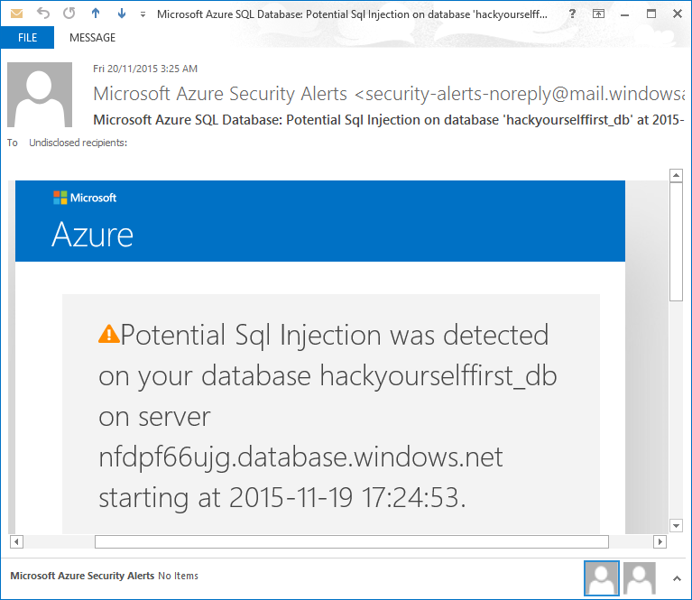 An email alert about SQL injection