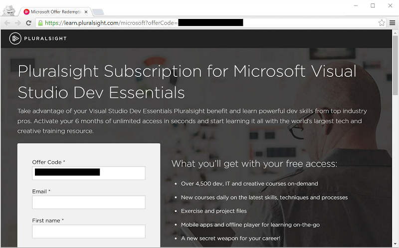 Activating the Pluralsight subscription from Dev Essentials