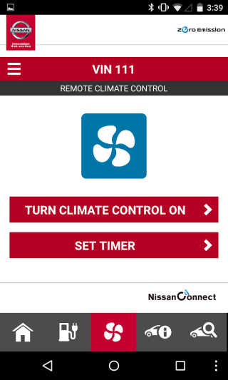 The NissanConnect app allowing the climate control to be turned on