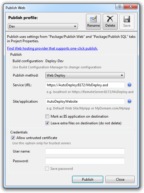 Publish profile in Visual Studio using Web Deploy