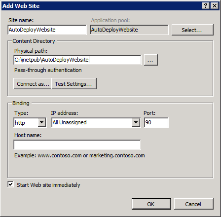 Adding a new website to IIS7