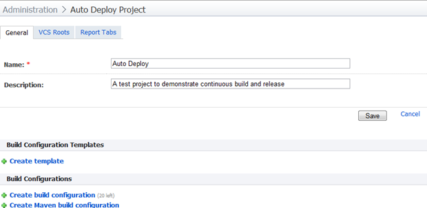 The project configuration home page in TeamCity