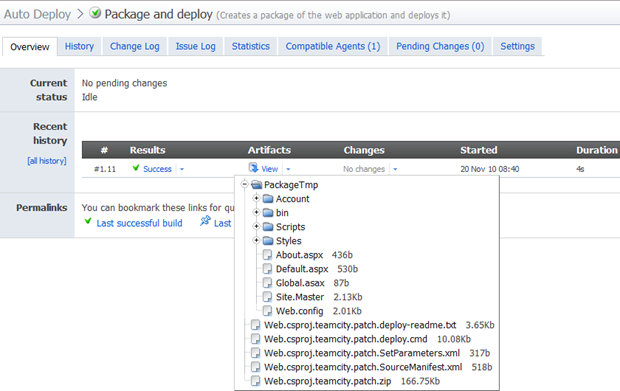 Success run of the package and deploy build including artifacts