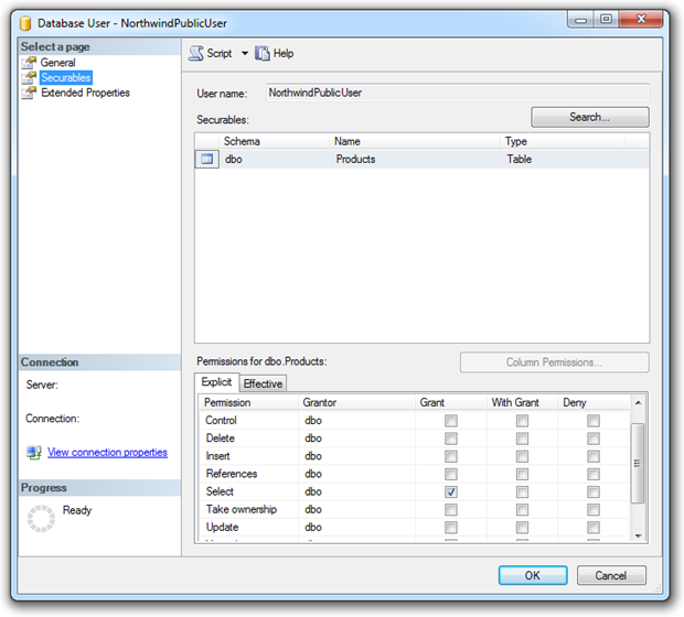 Granular access rights for a SQL account