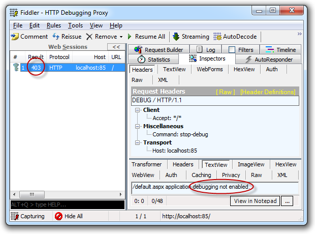 Fiddler trace showing debugging is not enabled