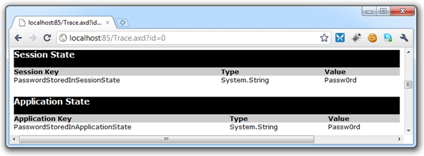 Trace exposing session and application states