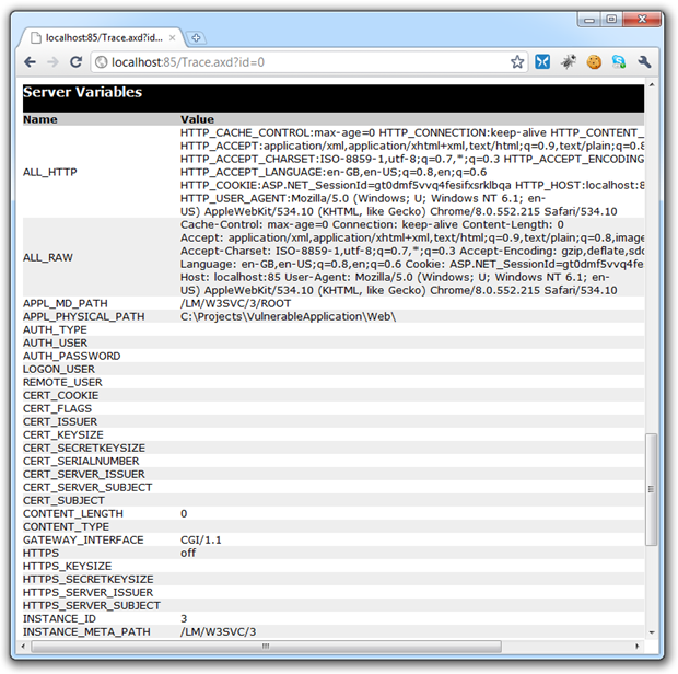 Trace exposing server variables