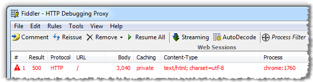 Fiddler trace showing HTTP 500 with custom errors on