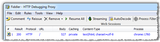 Fiddler trace showing HTTP 200 after defining a custom error page