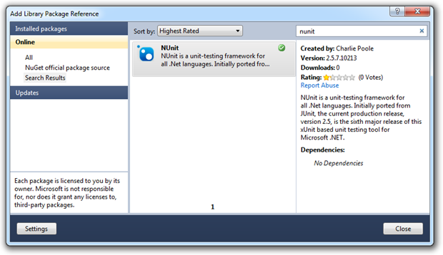 NUnit successfully added as a NuGet library package reference