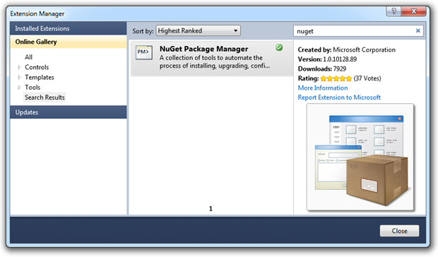 Adding NuGet from the extension manager