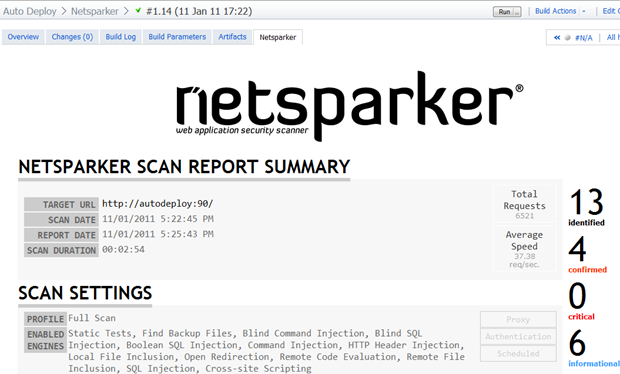 The successful Netsparker report on the build page