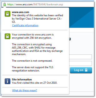 ANZ website showing valid SSL certificate